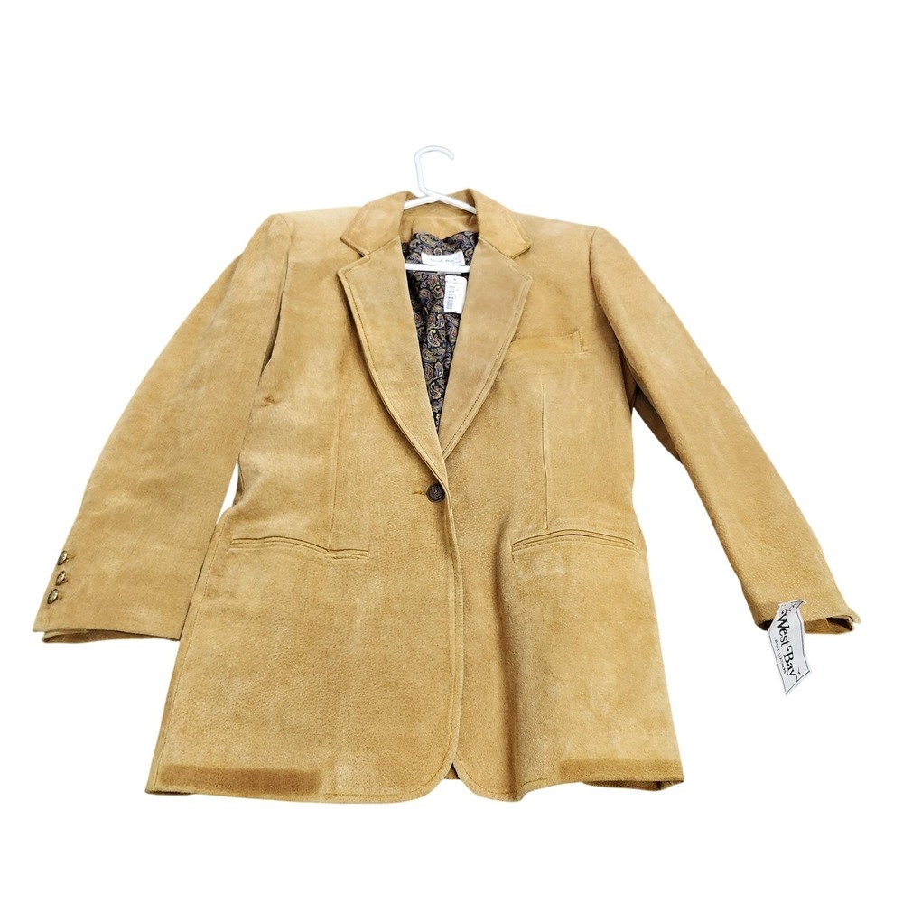 Vintage West Bay Blazer Womens 8 Beige Suede Single Button Paisley Lined Jacket